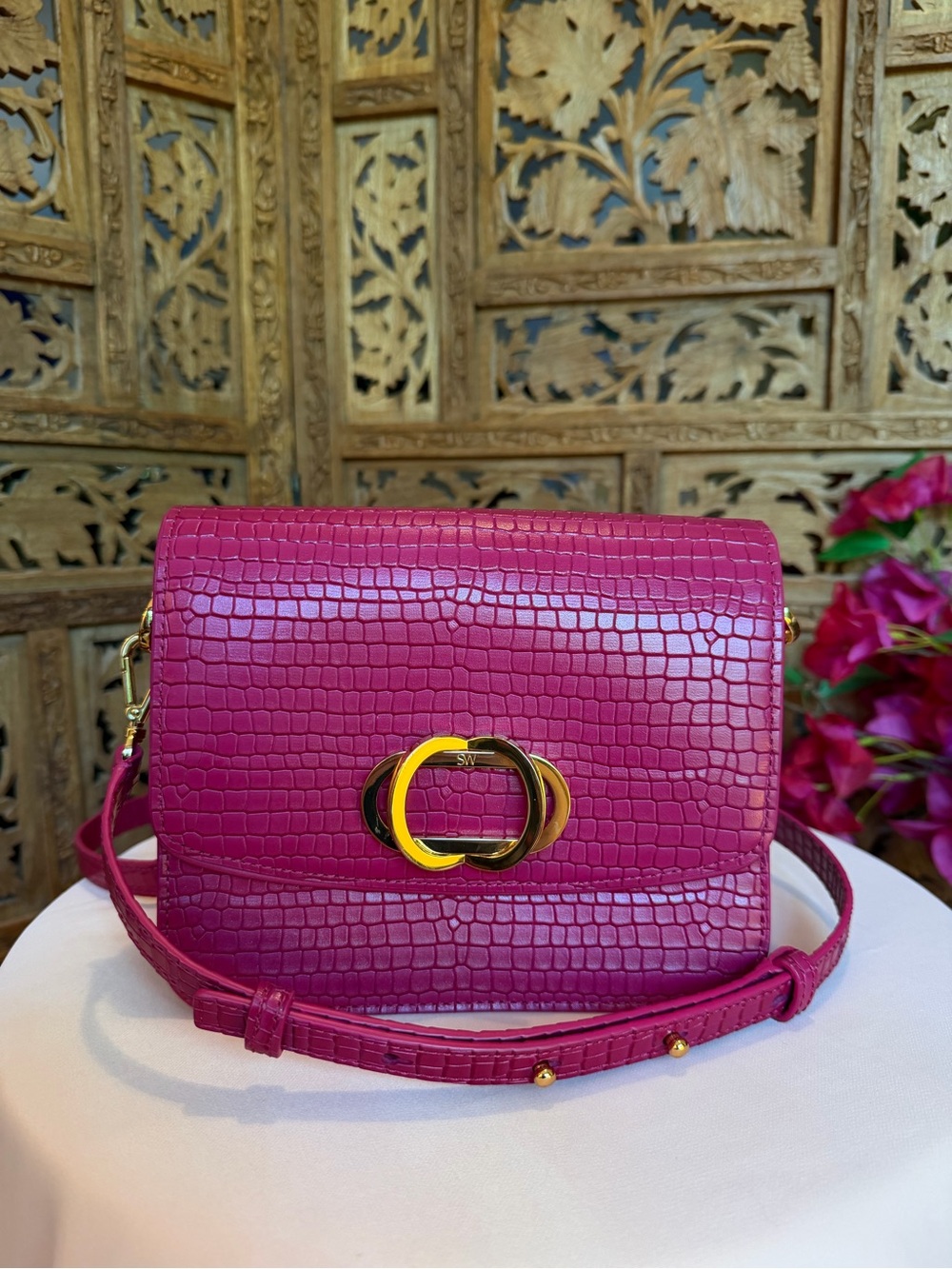 Stuart Weitzman Fuchsia Croc-Embossed Shoulder Bag with Gold Accent